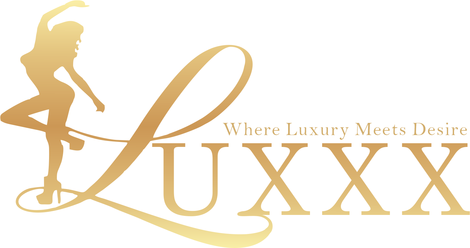 Gold logo with a silhouette of a woman in high heels, holding a whip, and the text "Where Luxury Meets Desire Luxxx".
