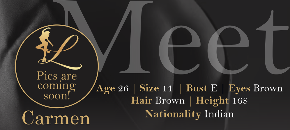 A modeling profile with overlaid personal details, including a note that photos are coming soon, and the name Carmen. The info includes age 26, size 14, bust E, brown eyes, brown hair, height 168 cm, Indian nationality, with a stylized logo featuring a dancer.