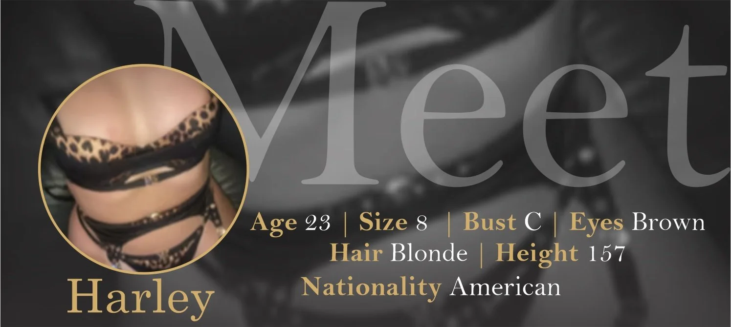 Profile picture of a woman in leopard print lingerie with gold text overlay showing her age, size, bust, eye color, hair, height, nationality, and name Harley.