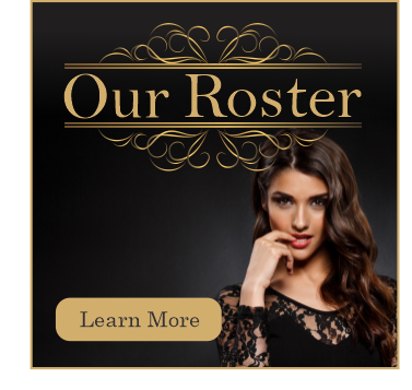 A promotional graphic with the title 'Our Roster' at the top, featuring a woman with long dark hair wearing a black lacy top, and a 'Learn More' button at the bottom.