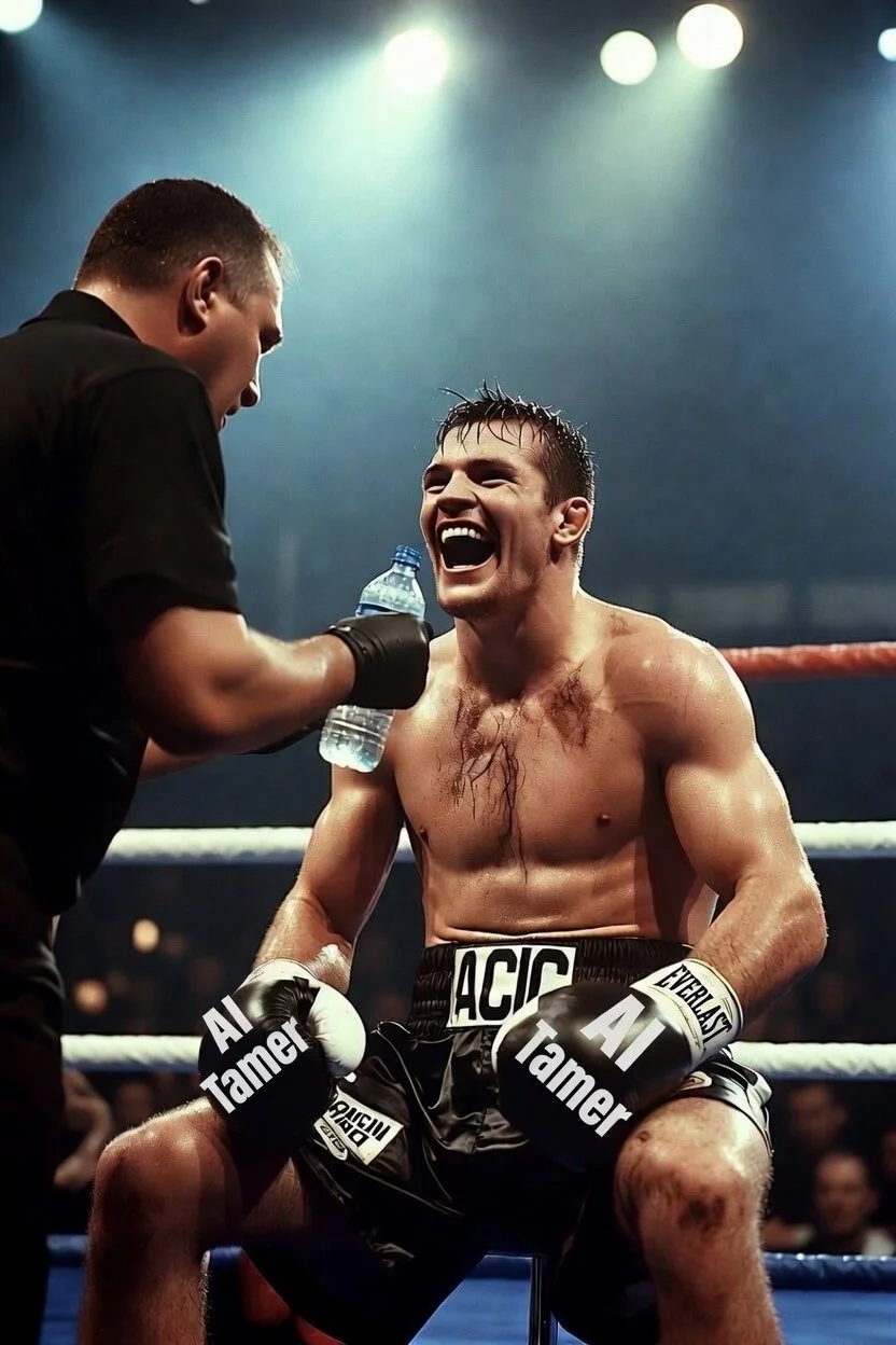Confident boxer sitting on his stool between rounds, being offered water by his trainer.