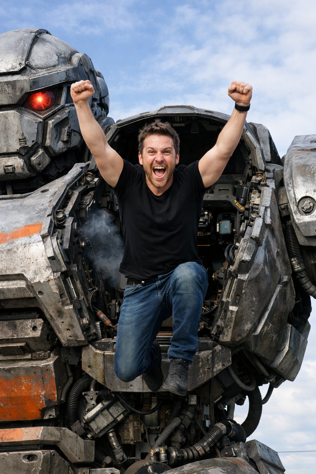 Clearly overjoyed man, arms outstretched, leaps to freedom from inside a huge robot.