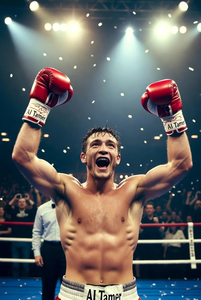 Overjoyed boxer, gloves in the air, after being announced winner of the bout.