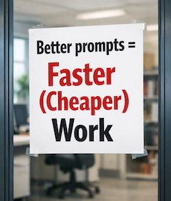 Notice on glass office door: Better prompts = Faster (Cheaper) Work