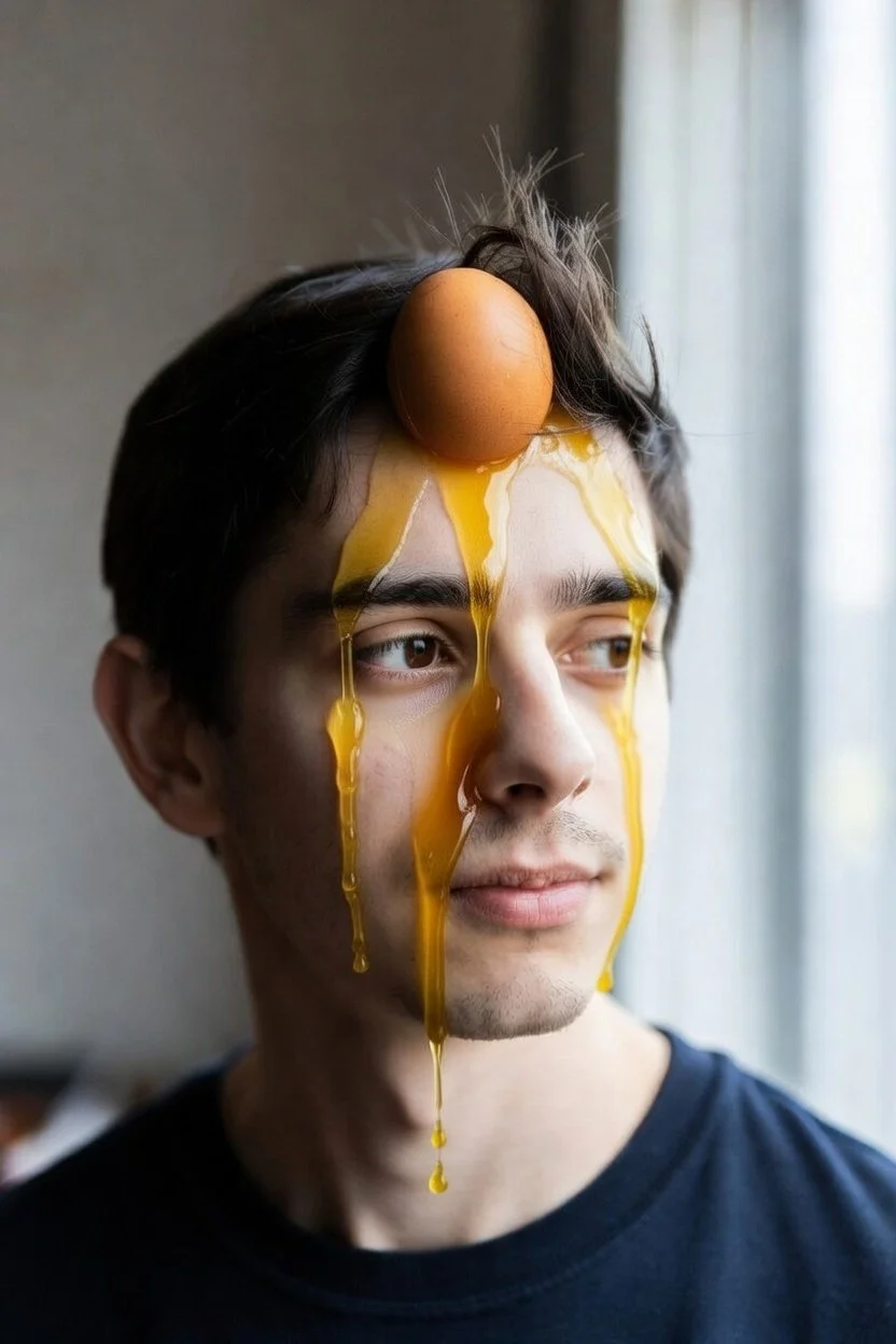 Guy with an eggshell stuck on his forehead and the yolk running down his face.