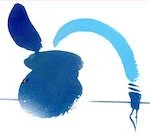 Old-fashioned inkwell with a bendy pen literally jumping out of it.