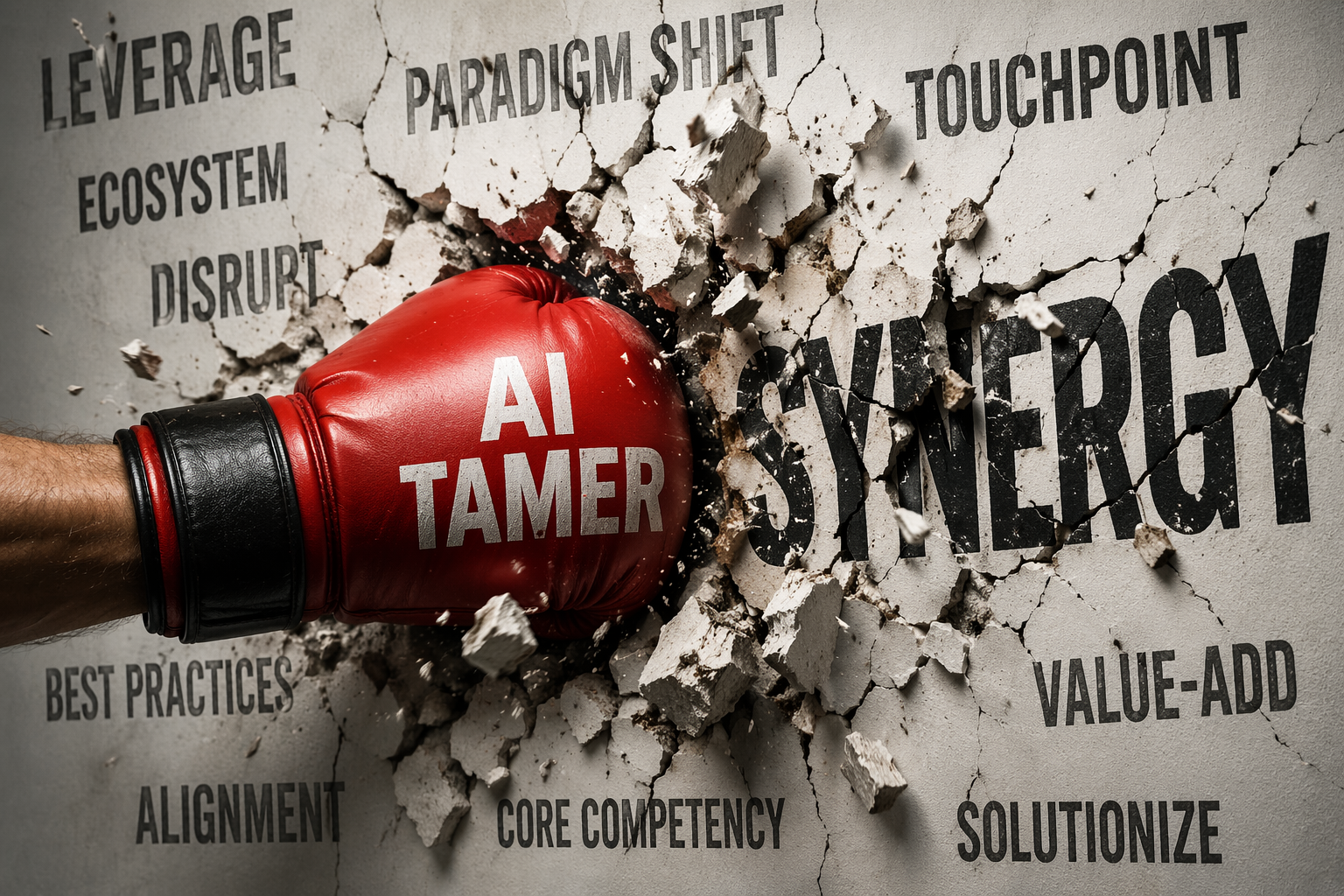 Boxing glove breaking through a wall of generic marketing words.