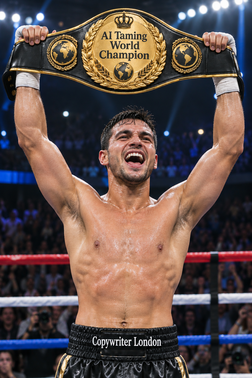 Boxer holding a winner's belt above his head, reading: "AI Taming World Champion." The words "Copywriter London" are printed on his trunks.