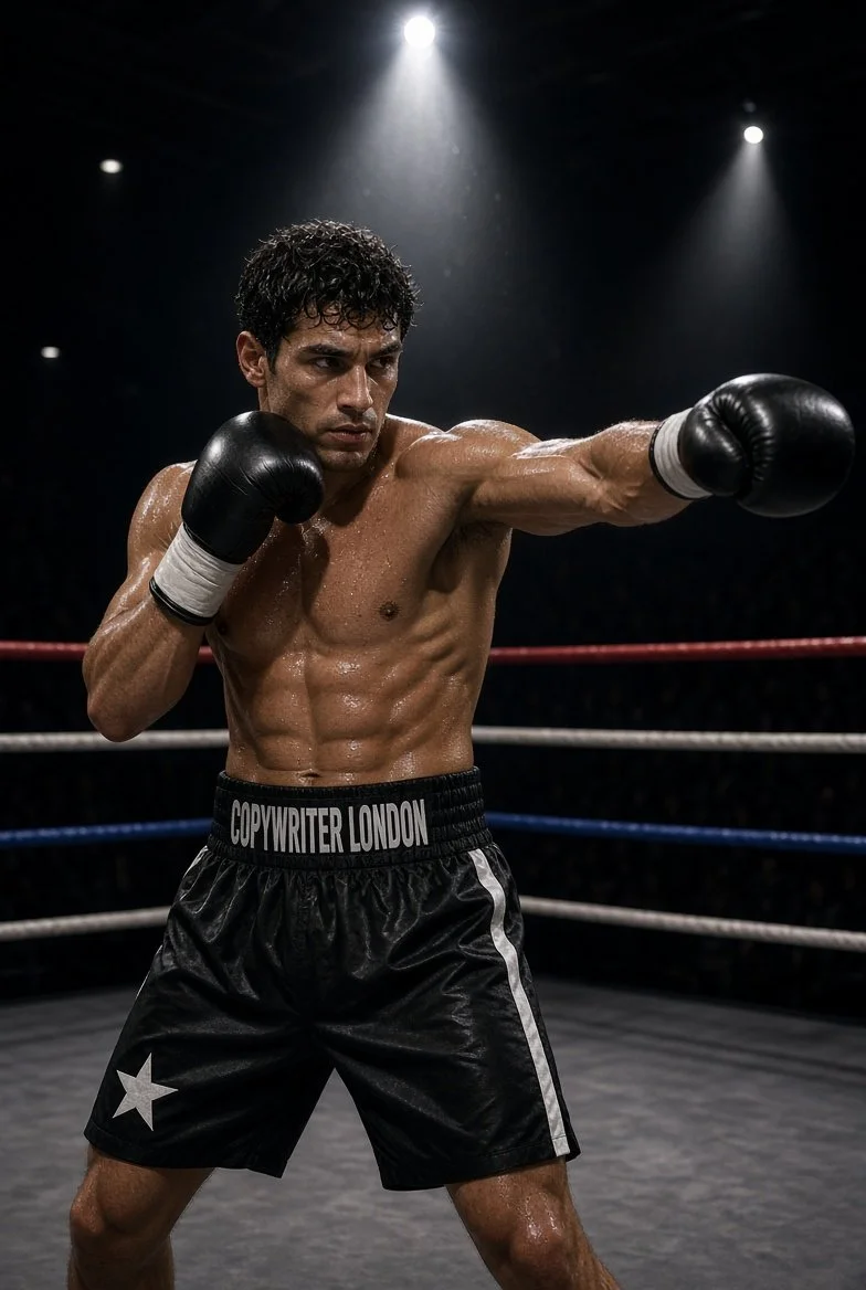 Boxer displaying his skills in the ring. He has the words Copywriter London printed  on the waistband of his trunks.