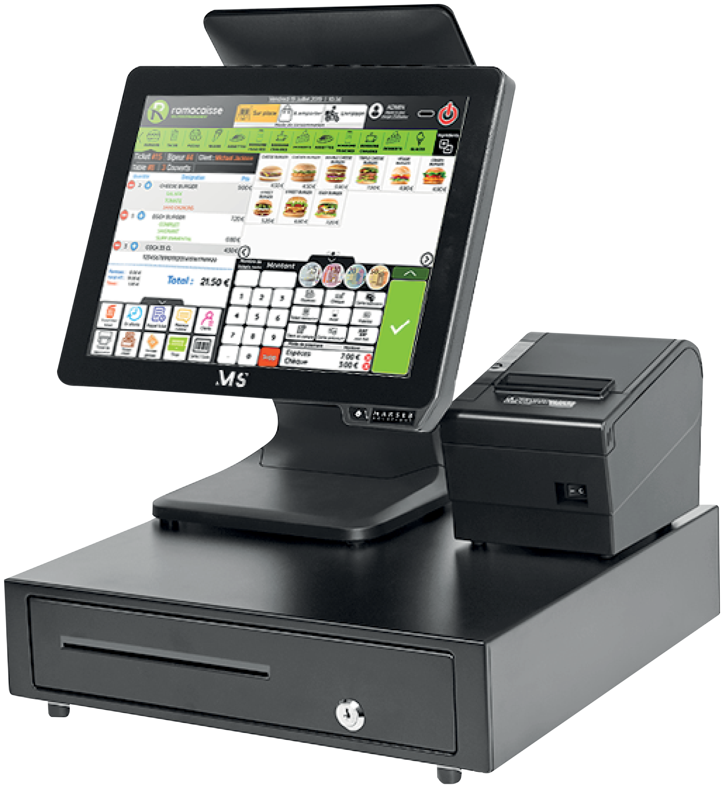 Une caisse enregistreuse avec un écran tactile affichant un menu de restauration rapide, une caisse enregistreuse traditionnelle et un tiroir caisse sur un comptoir métallique.