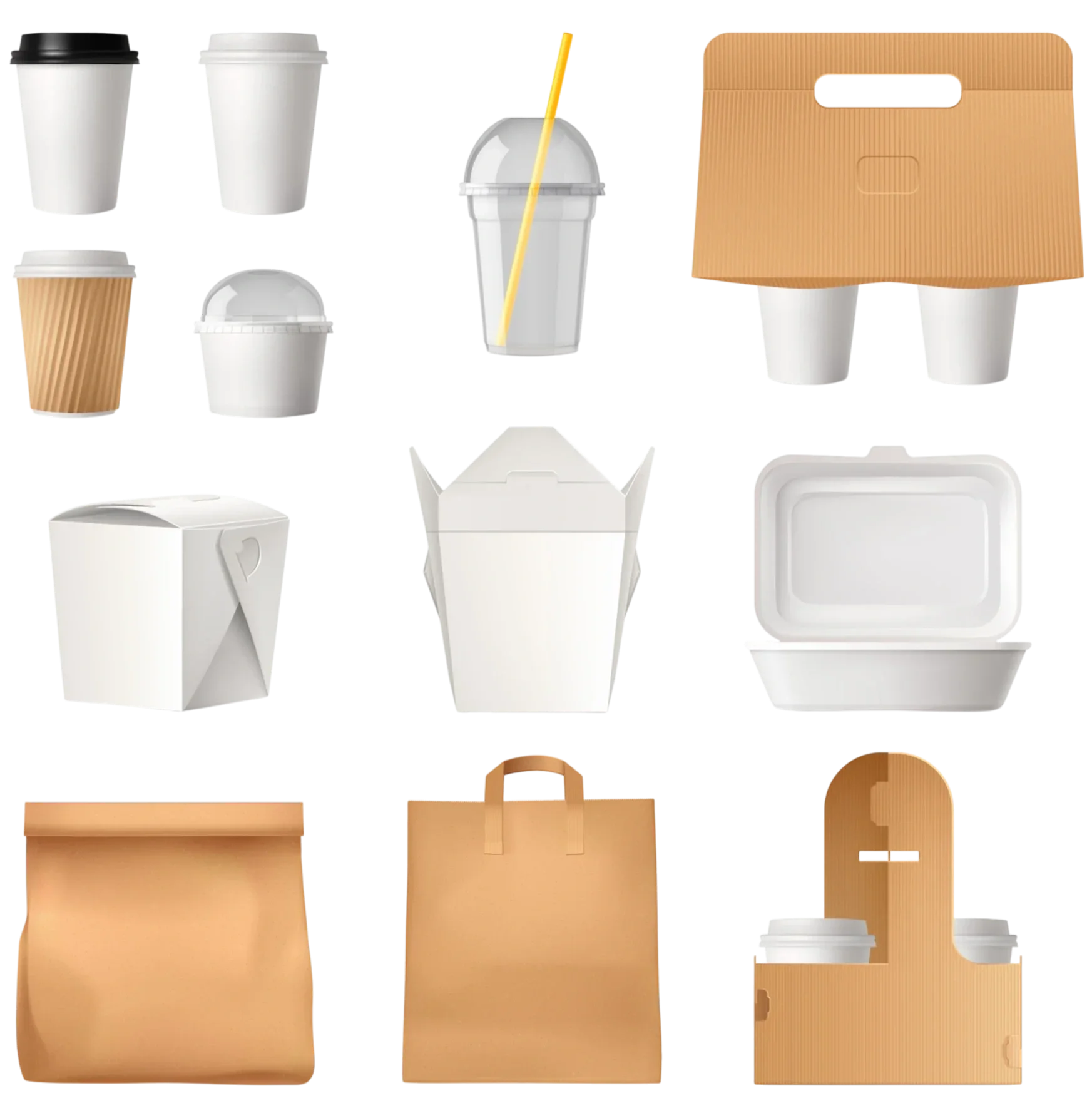 Différents contenants à emporter jetables en carton et plastique, incluant des gobelets, boîtes à emporter, sac en papier, et une boîte à pizza, pour la livraison ou la consommation à emporter.