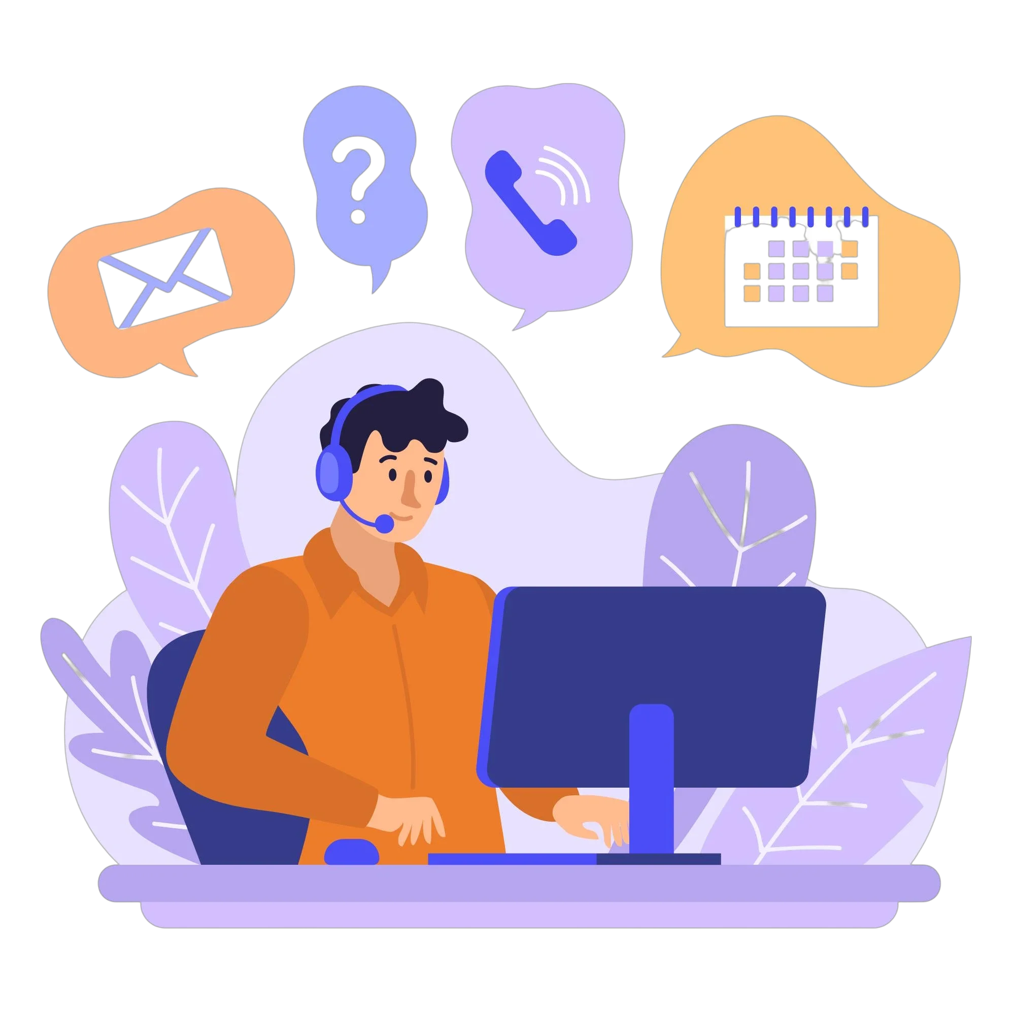 Un homme portant un casque d'écoute avec microphone travaille à son ordinateur, avec des icônes de communication et de calendrier autour, suggérant le service client ou la gestion des appels.