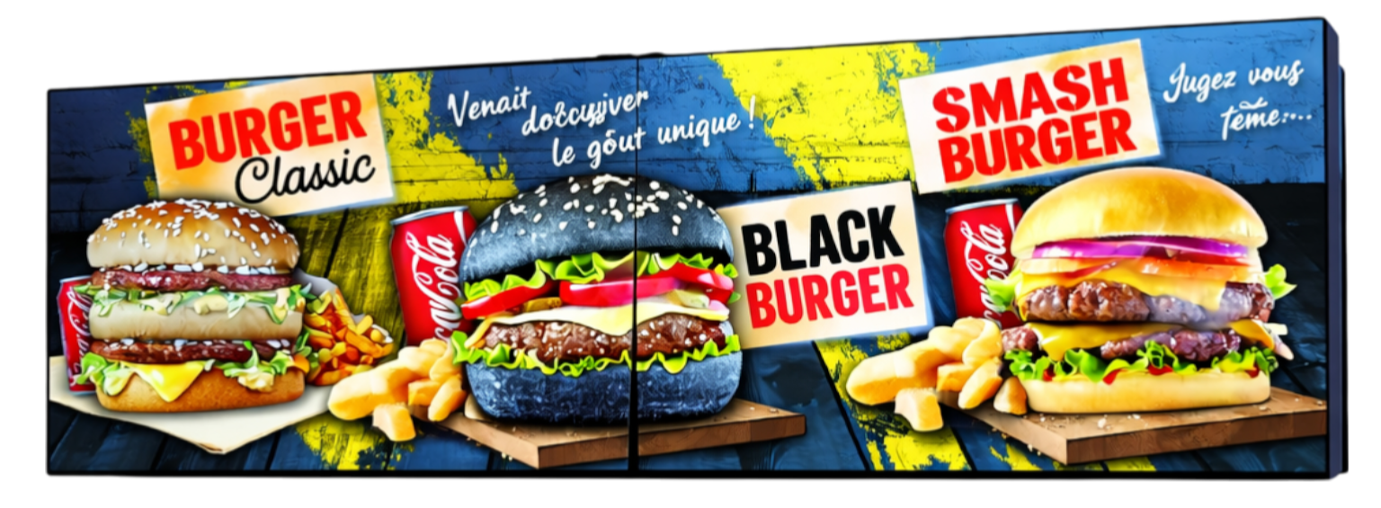 Affiche promotionnelle présentant deux hamburgers, un classique avec une baguette de pain, et un Black Burger avec un pain noir, deux canettes de Coca-Cola et des frites. Le texte en français encourage à découvrir ces burgers, avec des couleurs vives et un fond en bois coloré.