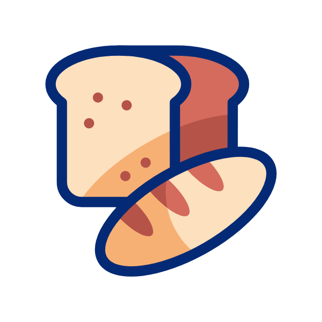 Illustration de deux morceaux de pain avec des noix ou graines, stylisés, avec un trait épais et des couleurs simples.