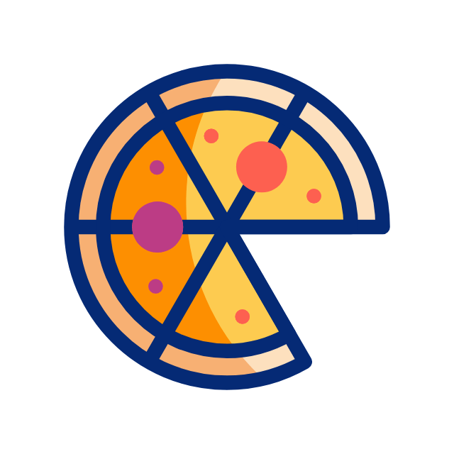 Une illustration d'une pizza coupée en parts, avec différentes tailles et couleurs de garnitures, dessinée dans un style simple et coloré.