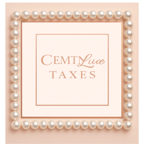 Close-up of a framed sign with pearls around the border that reads 'CENTLuxe TAXES' in elegant font.