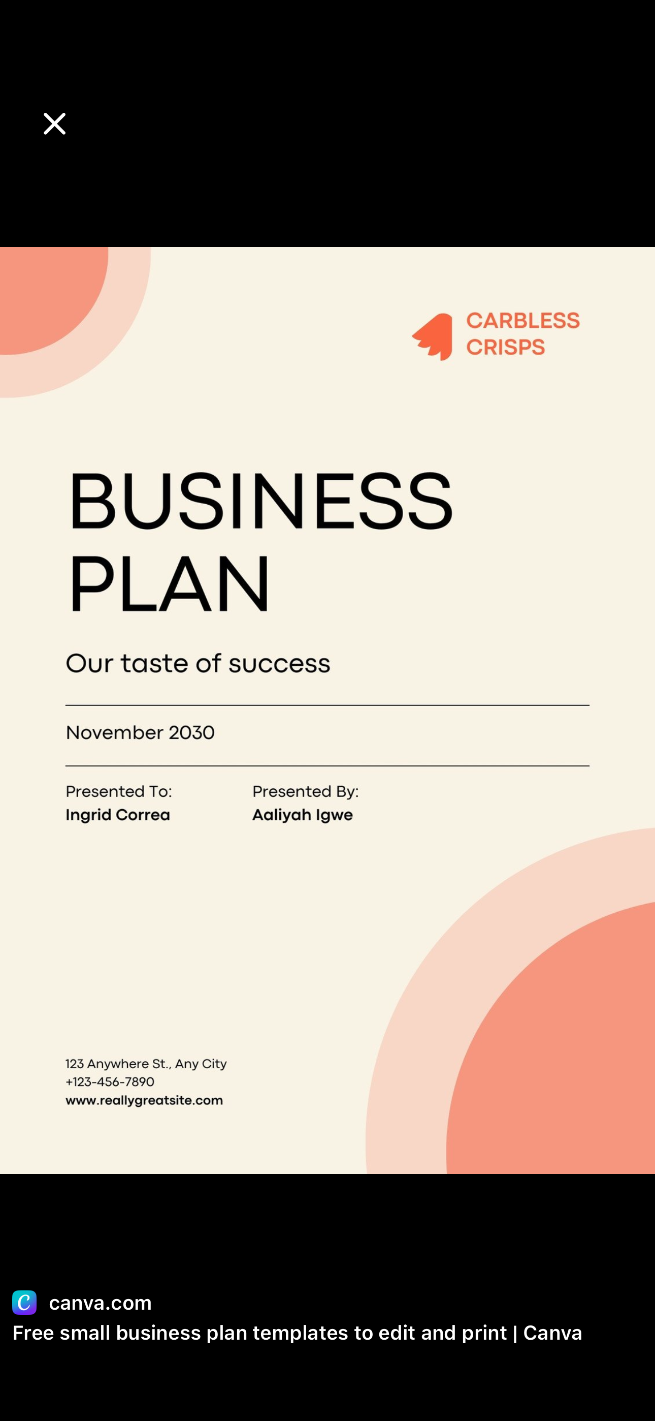 Business plan document titled 'Our taste of success' dated November 2030, presented to Ingrid Correa by Aaliyah Igwe. Includes contact details and website address. Design features circles and the logo 'Carbless Crisps'.