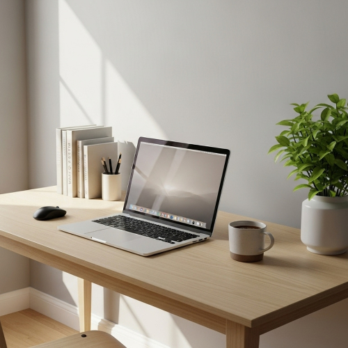 Open laptop on a light wooden desk, with a black wireless mouse, a ceramic mug with coffee, a potted plant, and a row of books with a cup holding pens, in a bright room with sunlight and shadows.