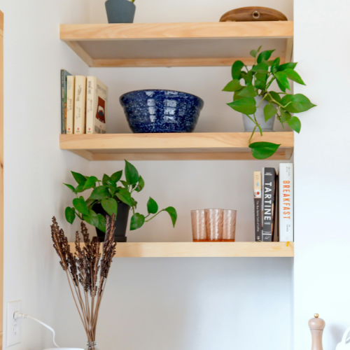 Wooden wall shelves holding books, a blue bowl, a potted plant, a cup, and decorative items.