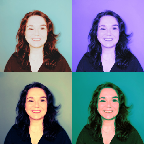 una donna con capelli ricci e sorriso in quattro diverse varianti con sfondi colorati