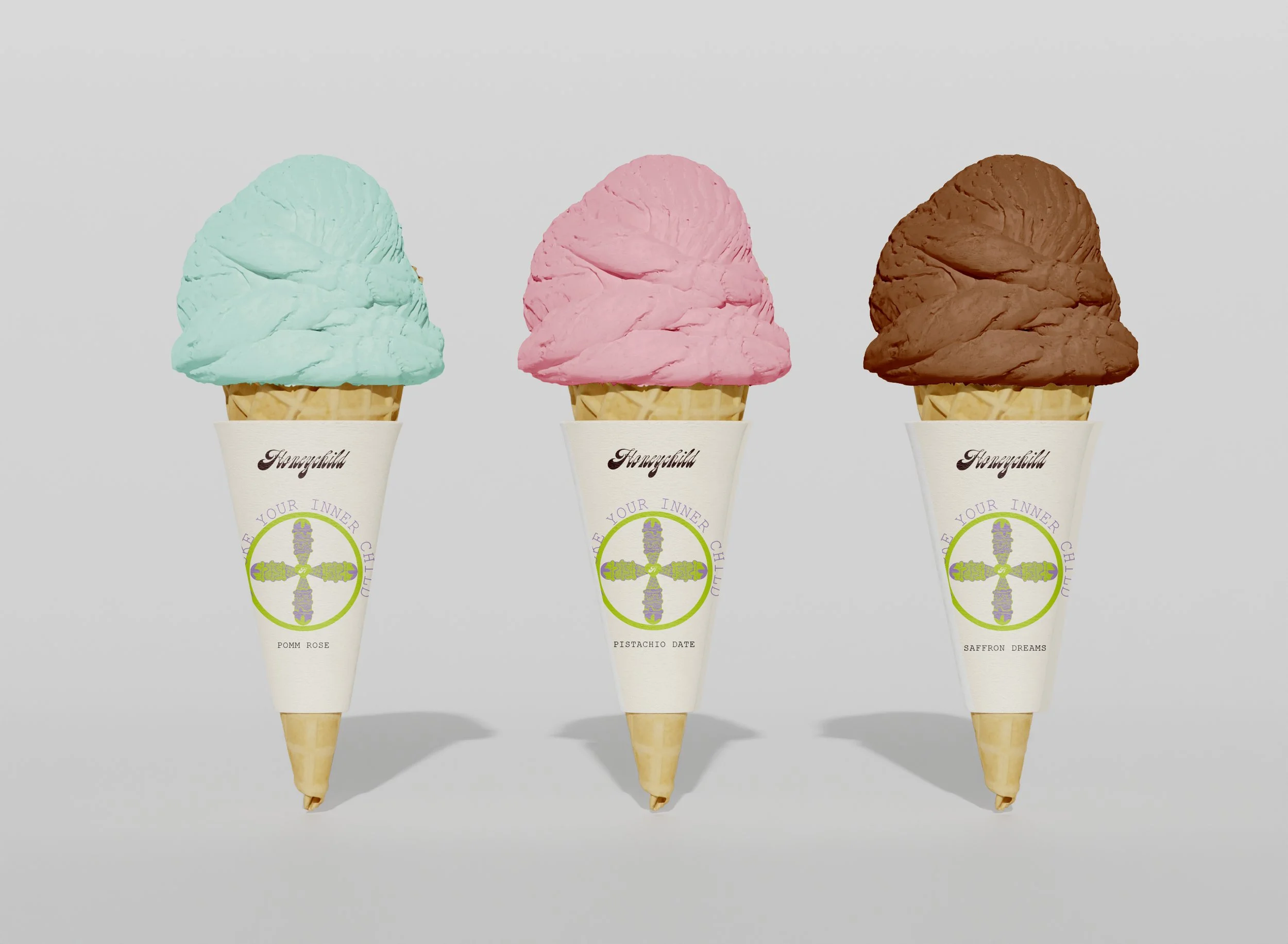 Cone mockups — logo/scoop motif tested at small scale
