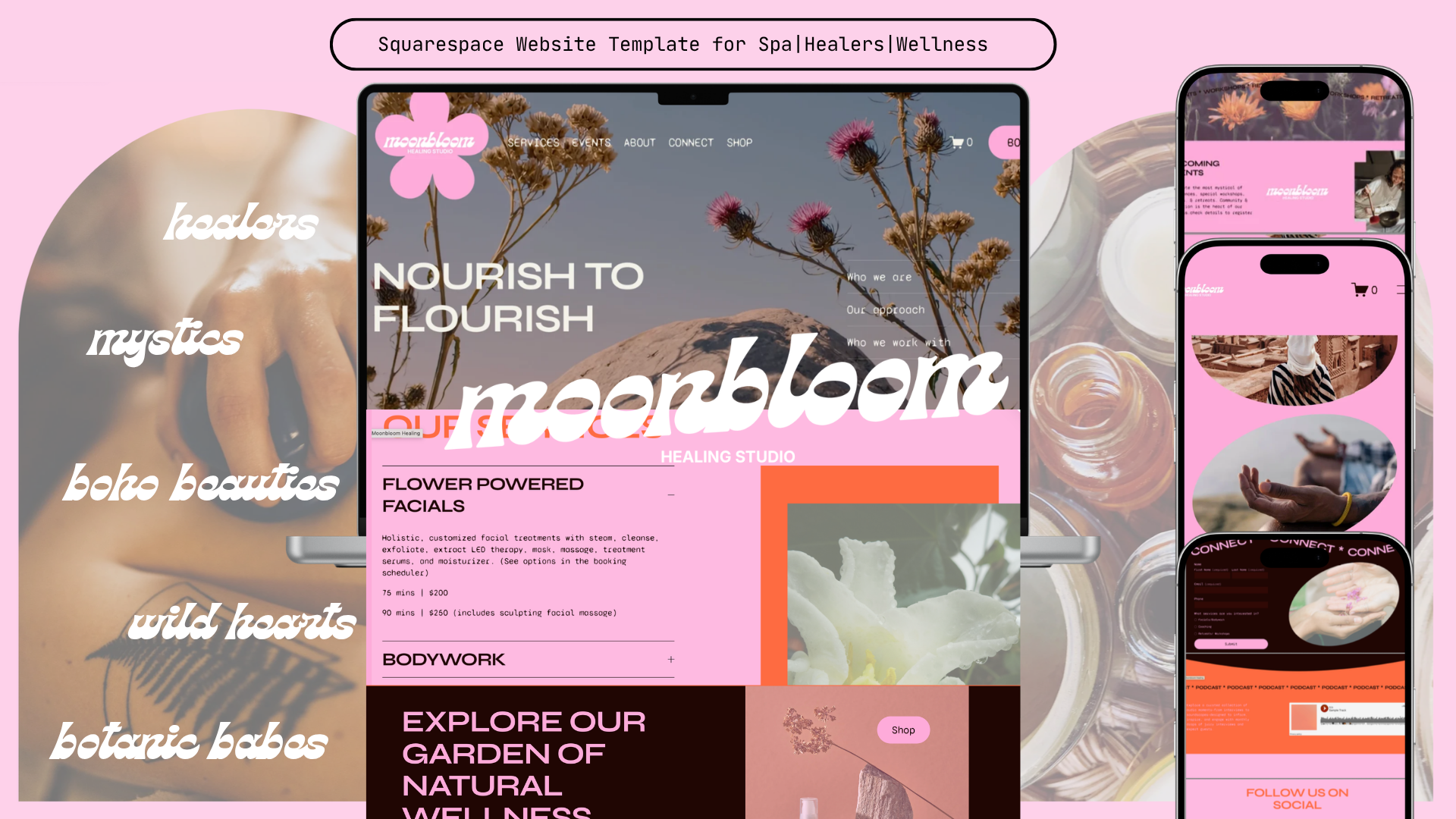 Homepage/hero : The homepage had to signal 'this is for you' instantly to a specific demographic — bohemian, natural, wellness-focused — using a dreamy 70s-inspired font and botanical photography to set that tone before a single word was read.
