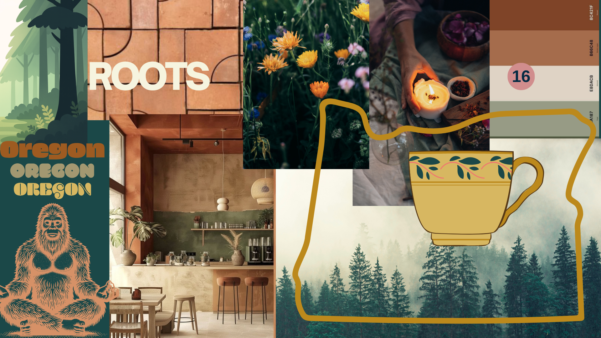 This board is about place. It brings Oregon Chai's own identity forward like misty forests, local folklore, and ground rituals where the origin story is something felt on the shelf and "original" and "Oregon" feel inseparable. . 