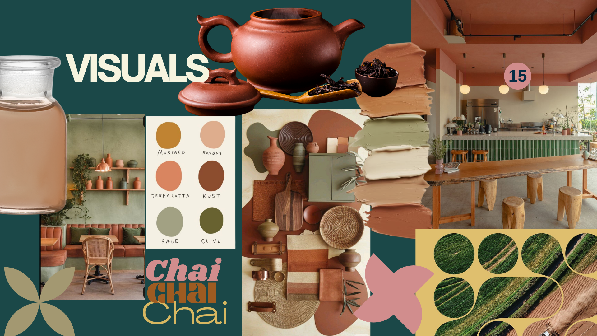 This vision board explores warmer color palette ideas and natural, tactile materials to move Oregon chai's existing botanical and nature cues into a warmer more grounded, more premium feeling closest to the strongest boutique brands.
