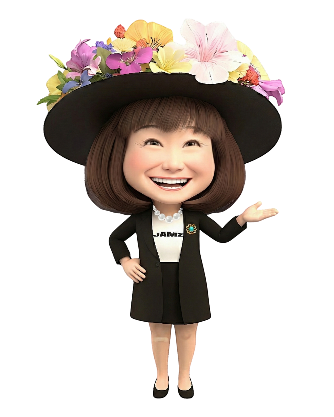 花の飾りがついた大きな黒い帽子をかぶった女性のキャラクターのイラスト