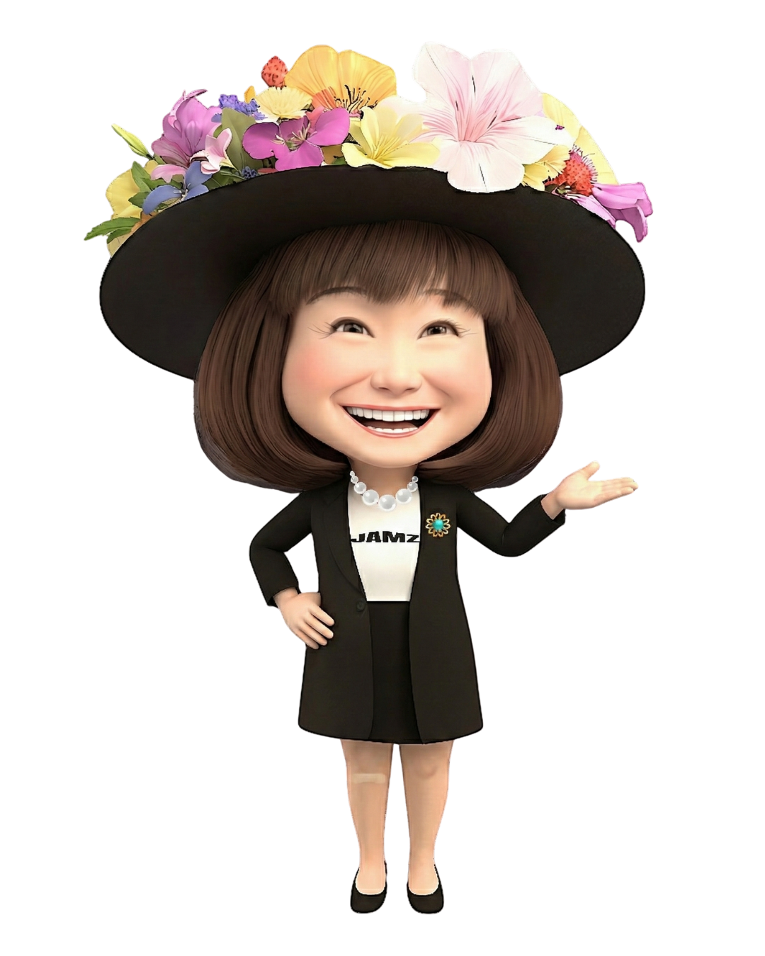 大きな花の飾りがついた帽子をかぶった笑顔の女性キャラクター