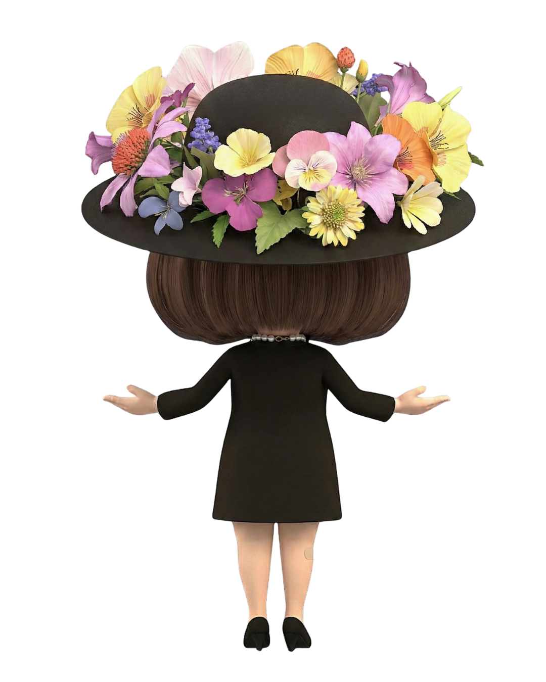 黒いドレスを着た女性の後ろ姿で、大きな花飾りのついた黒い帽子をかぶっている。