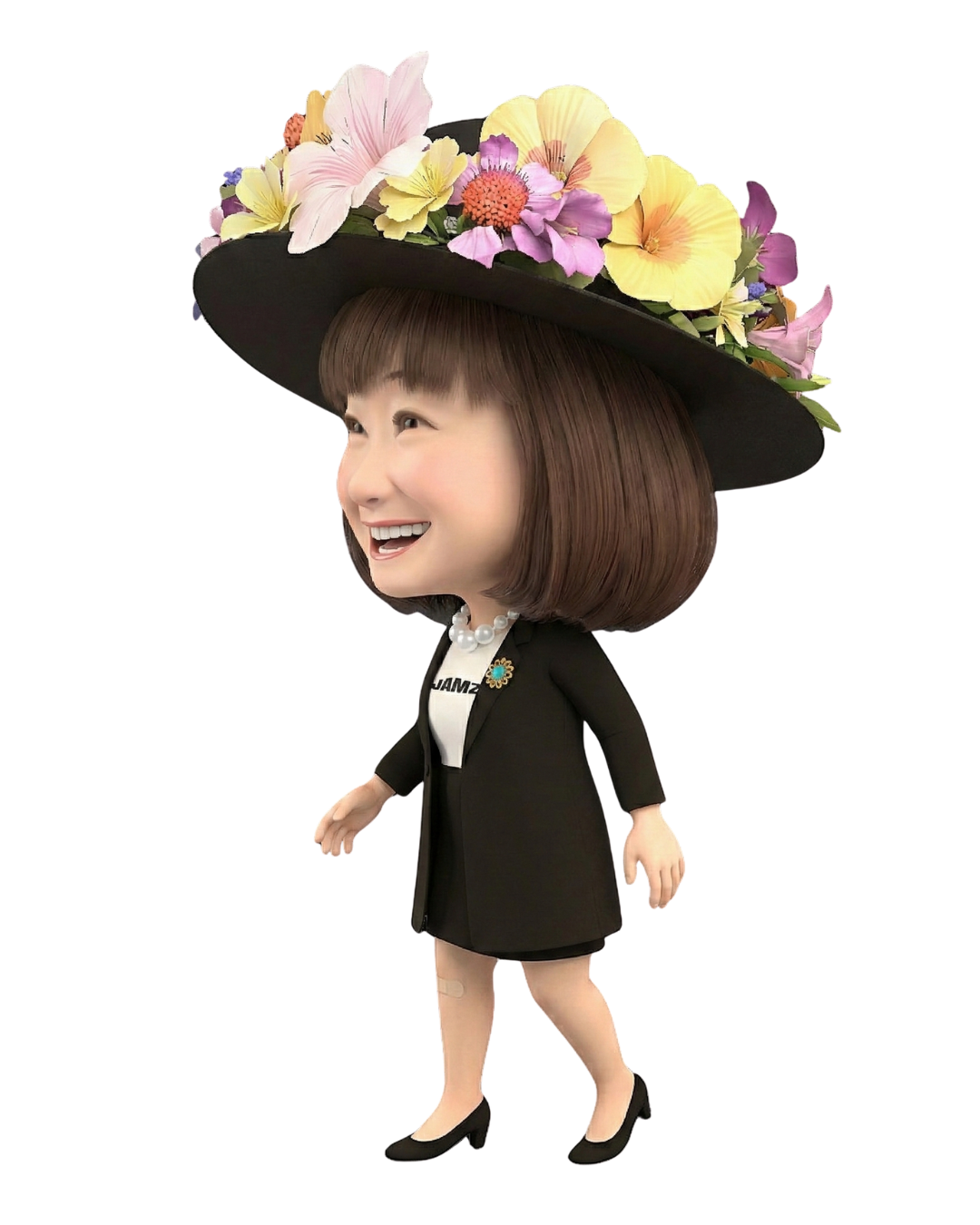 花の帽子をかぶった笑顔の女性のキャラクター