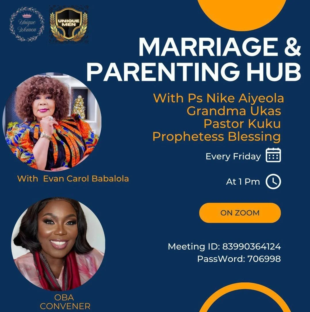 You are warmly invited to join the *Marriage &amp; Parenting Hub* 💙

A powerful and practical session with Ps Nike Aiyeola, Grandma Ukas, Pastor Kuku, and Prophetess Blessing.

🗓 Every Friday
⏰ 1 PM
💻 On Zoom

Come and gain wisdom, guidance, and r