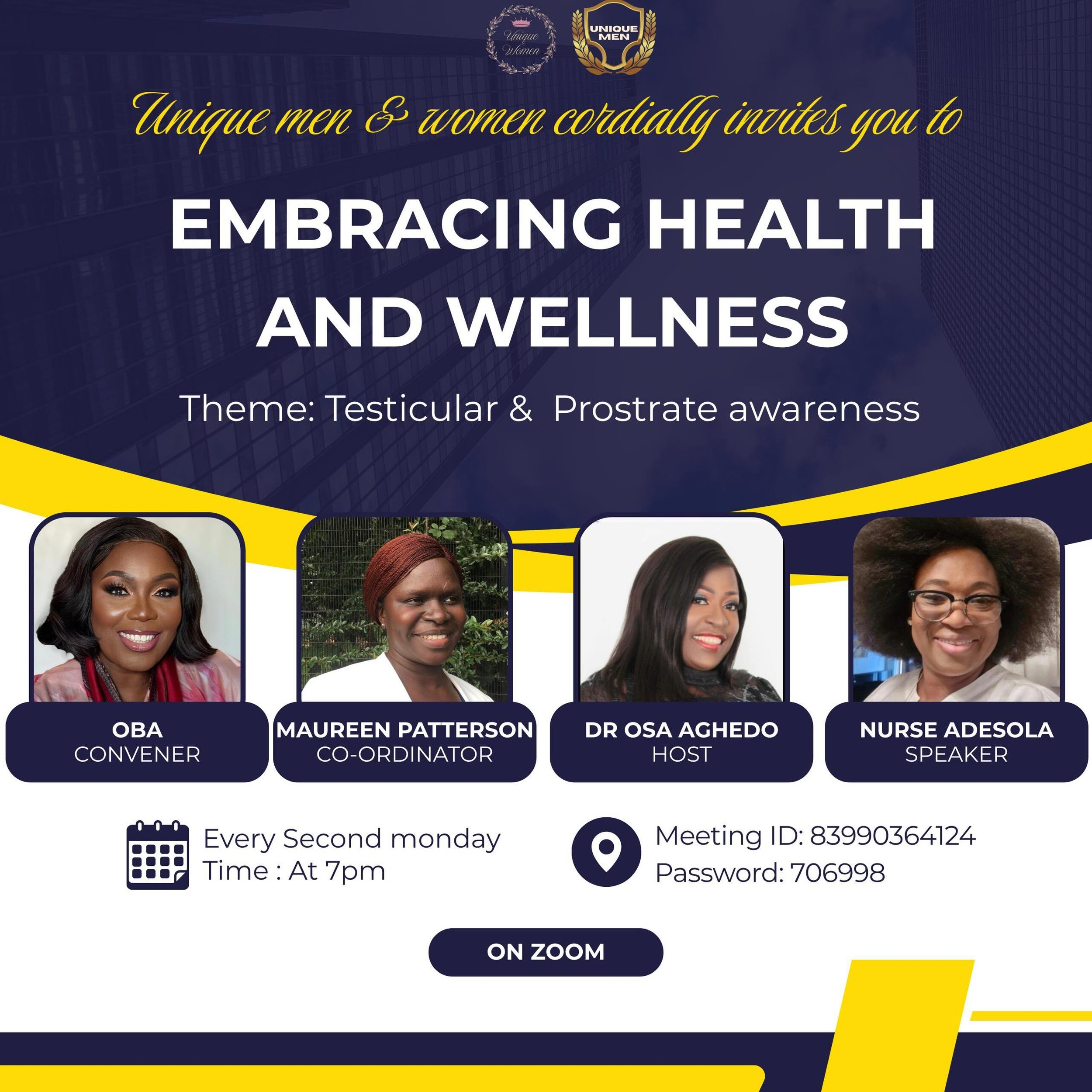*EMBRACING HEALTH AND WELLNESS* 💙 
_Theme: Testicular &amp; Prostate Awareness_

Gentlemen, your health matters. This conversation is important, and you&rsquo;re not alone in it.

Join us on Zoom for an honest, practical session on early detect