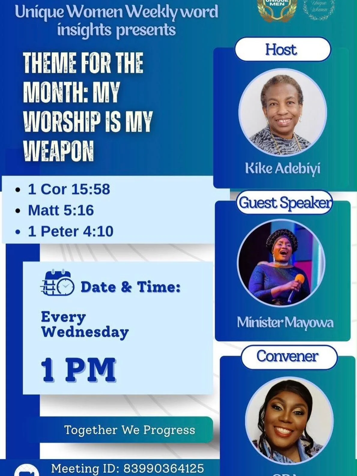_Unique Women Weekly Word Insights presents:_

*MY WORSHIP IS MY WEAPON* 🙏🎶 
_Theme for the Month_

When life gets loud, worship gets louder. 
Join us as we learn how to stand firm, fight from victory, and shine His light &mdash; because your
