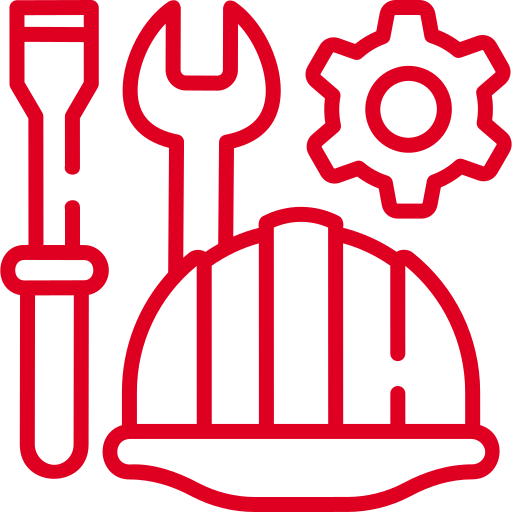 Icones d'eines, engranatge i casc de seguretat, representant manteniment o reparació. Totes són de color vermell.