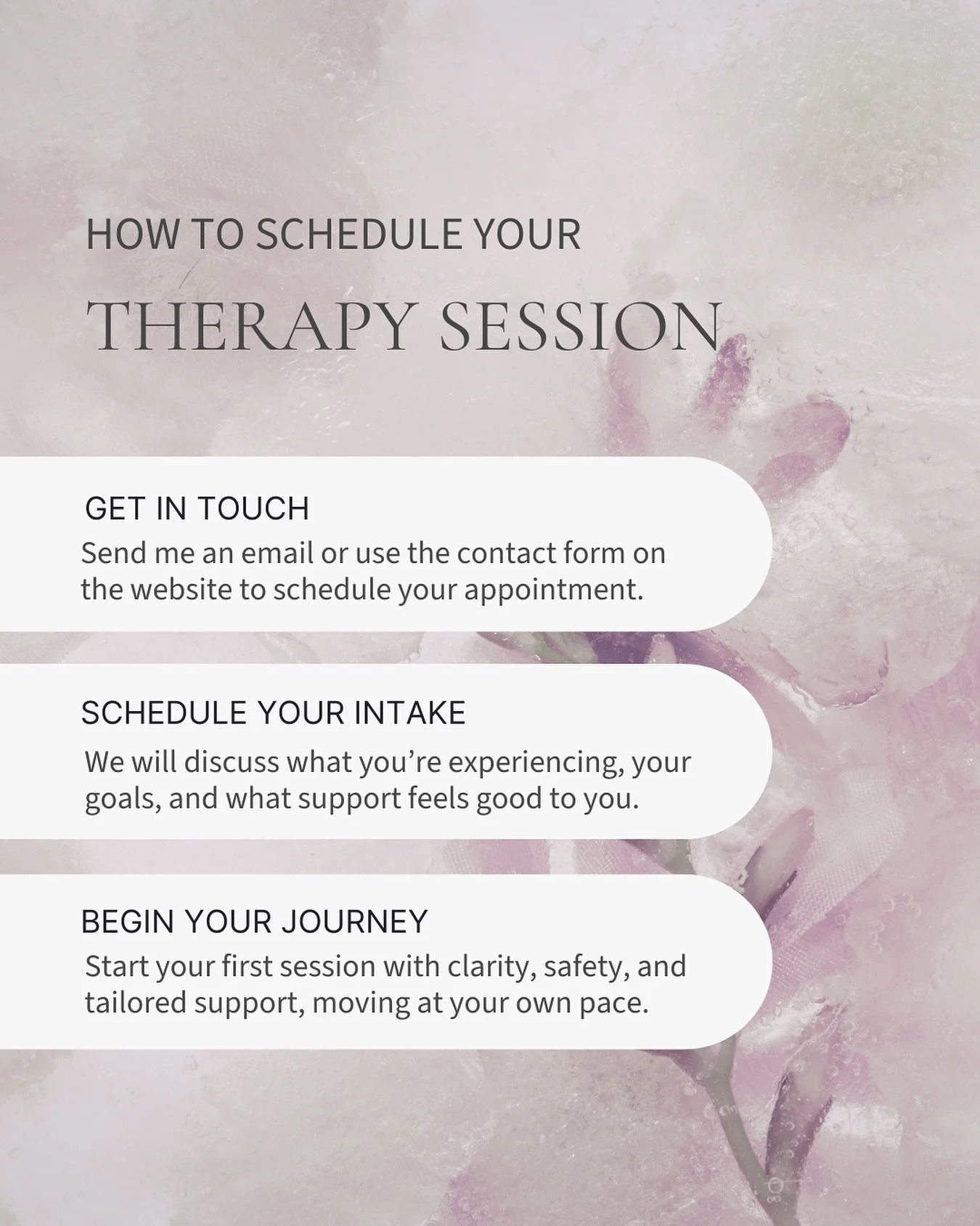 Are you ready to start your therapy journey? 

I am here to provide a space of safety, authenticity, and empowerment where you can explore how to become your best self in the present, regardless of the past.

If you want to know more about me and my 