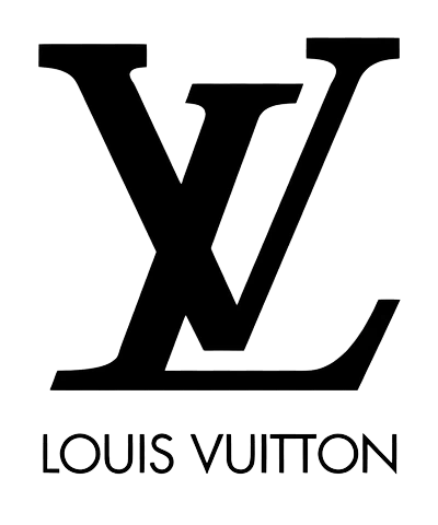 Louis Vuitton logo with black background and white outline, with text reading 'LOUIS VUITTON'.
