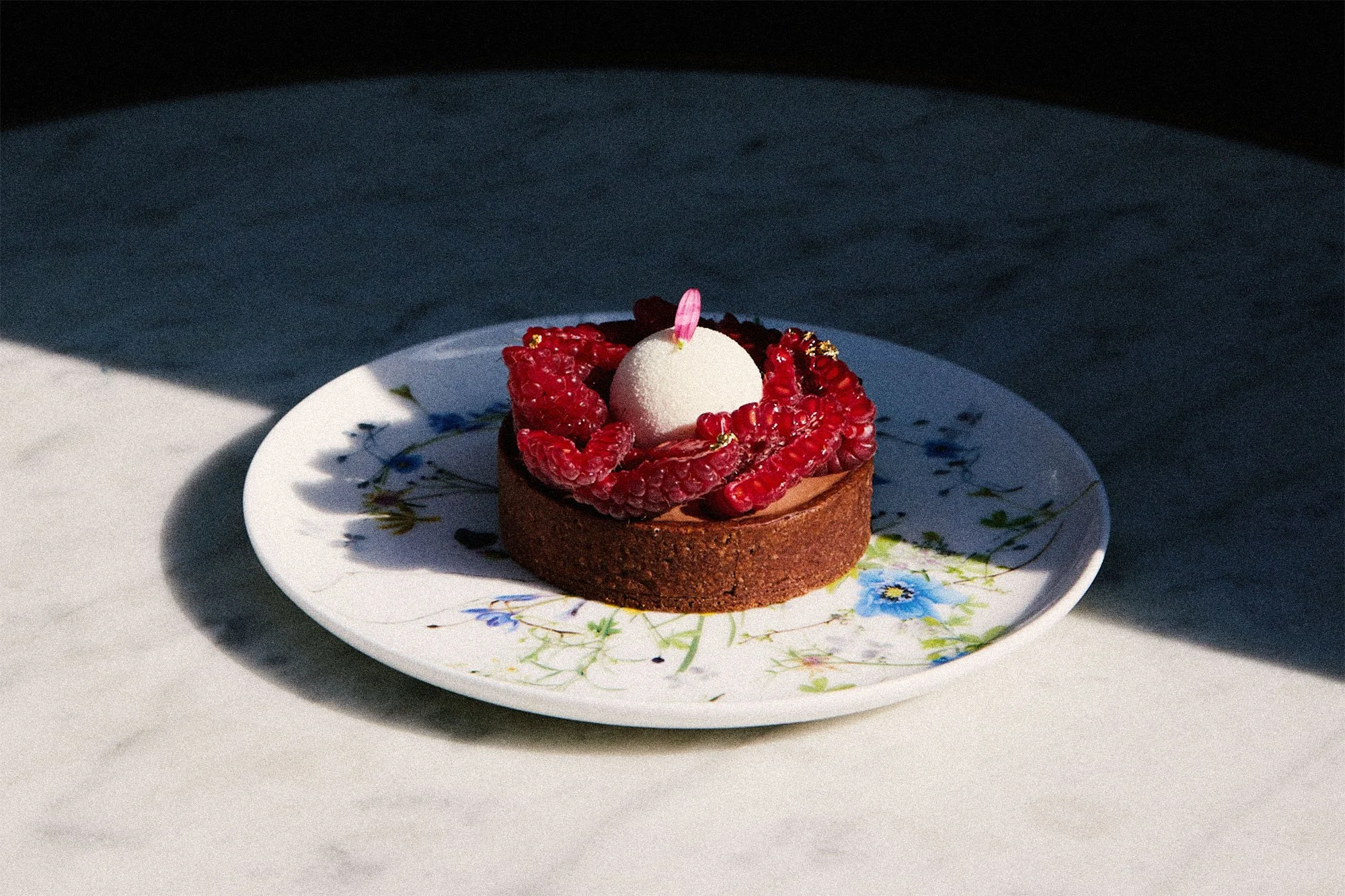 Ein mit Himbeeren, einer weißen Kugel und Dekoration verziertes Dessert auf einem floral bedruckten Teller.