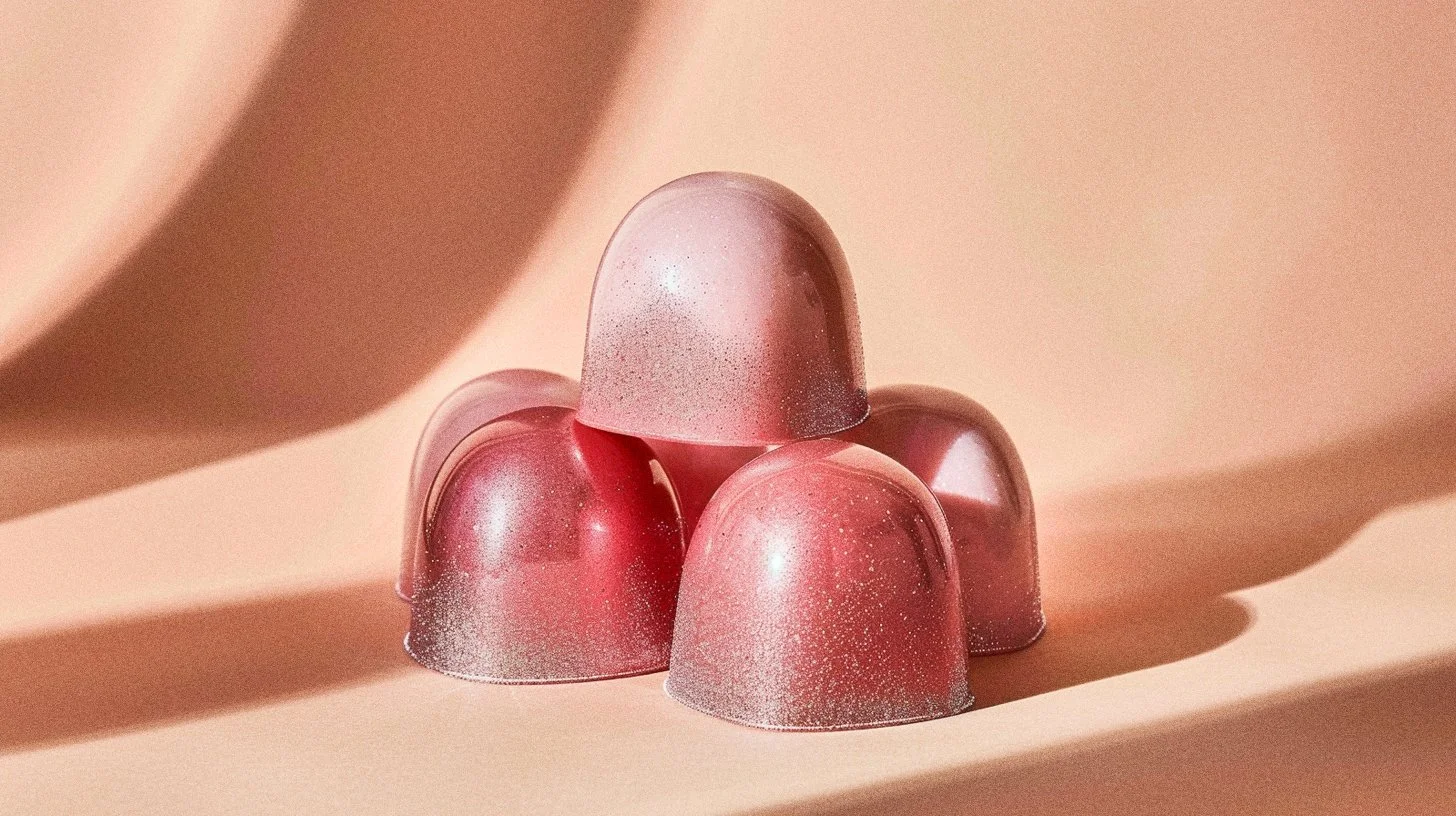 Fünf rosa, halbkugelige Pralinen mit glitternden Oberflächen, auf einem beige Hintergrund mit Schatten