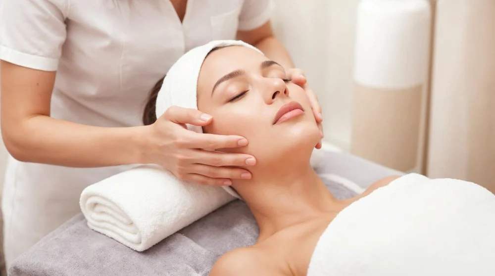 Frau beim Gesichtsmassage in einem Spa, während sie auf einer Liege liegt.