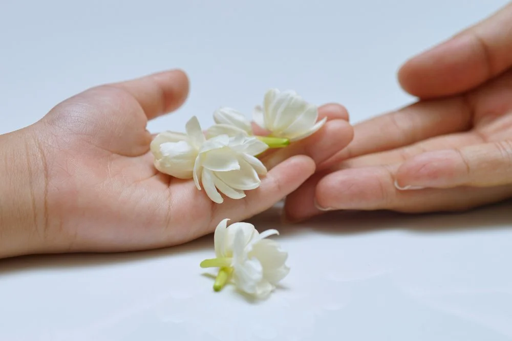 Nahaufnahme von zwei Händen, eine hält weiße Blumen, die andere berührt die Hand mit den Blumen.