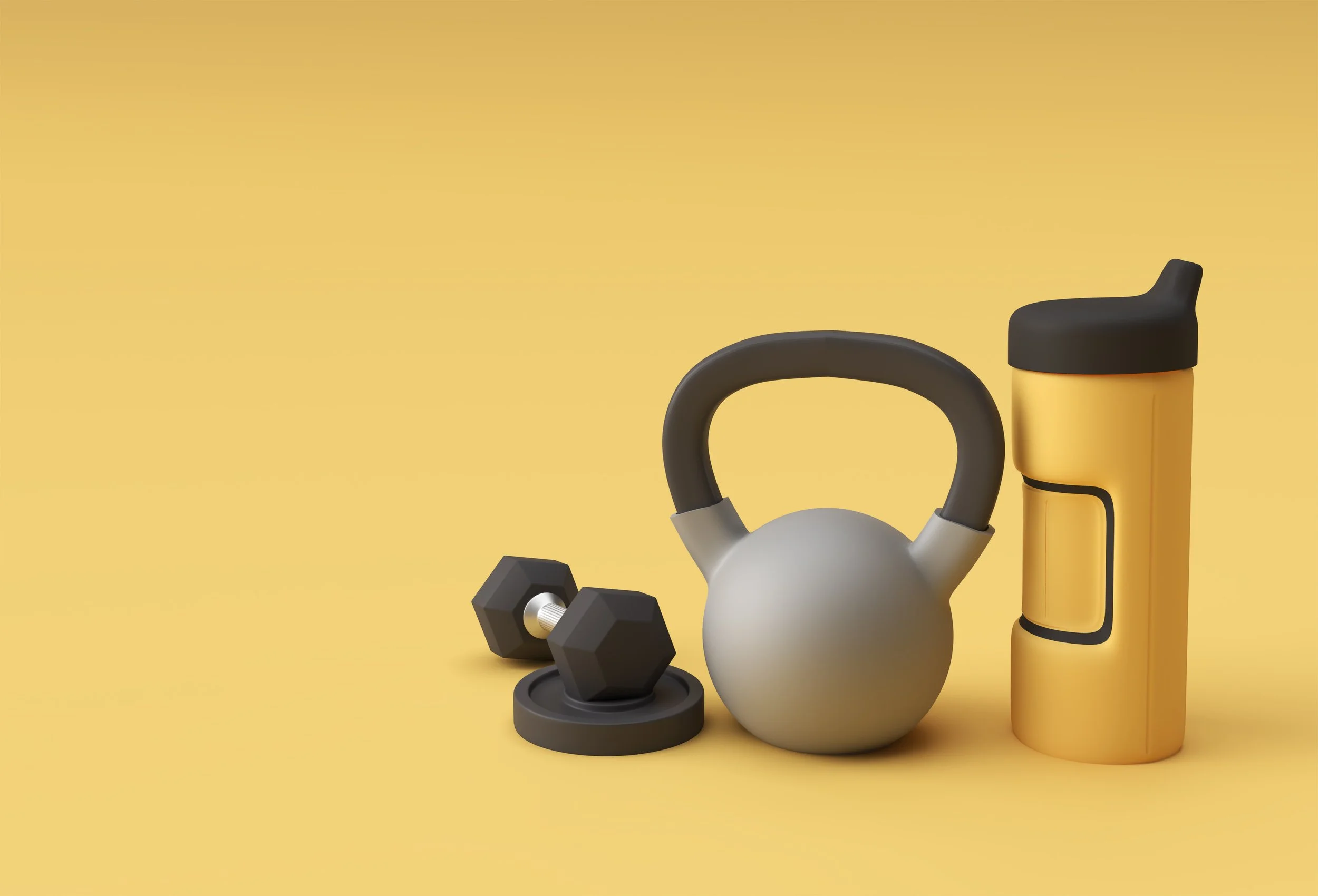 Fitnessgeräte und Hanteln auf gelbem Hintergrund.