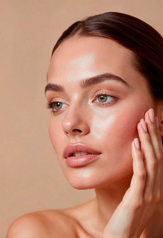 Nahaufnahme eines jungen Frauengesichts mit natürlichem Make-up, glatter Haut und braunen Haaren, berührt ihr Gesicht sanft mit der Hand.