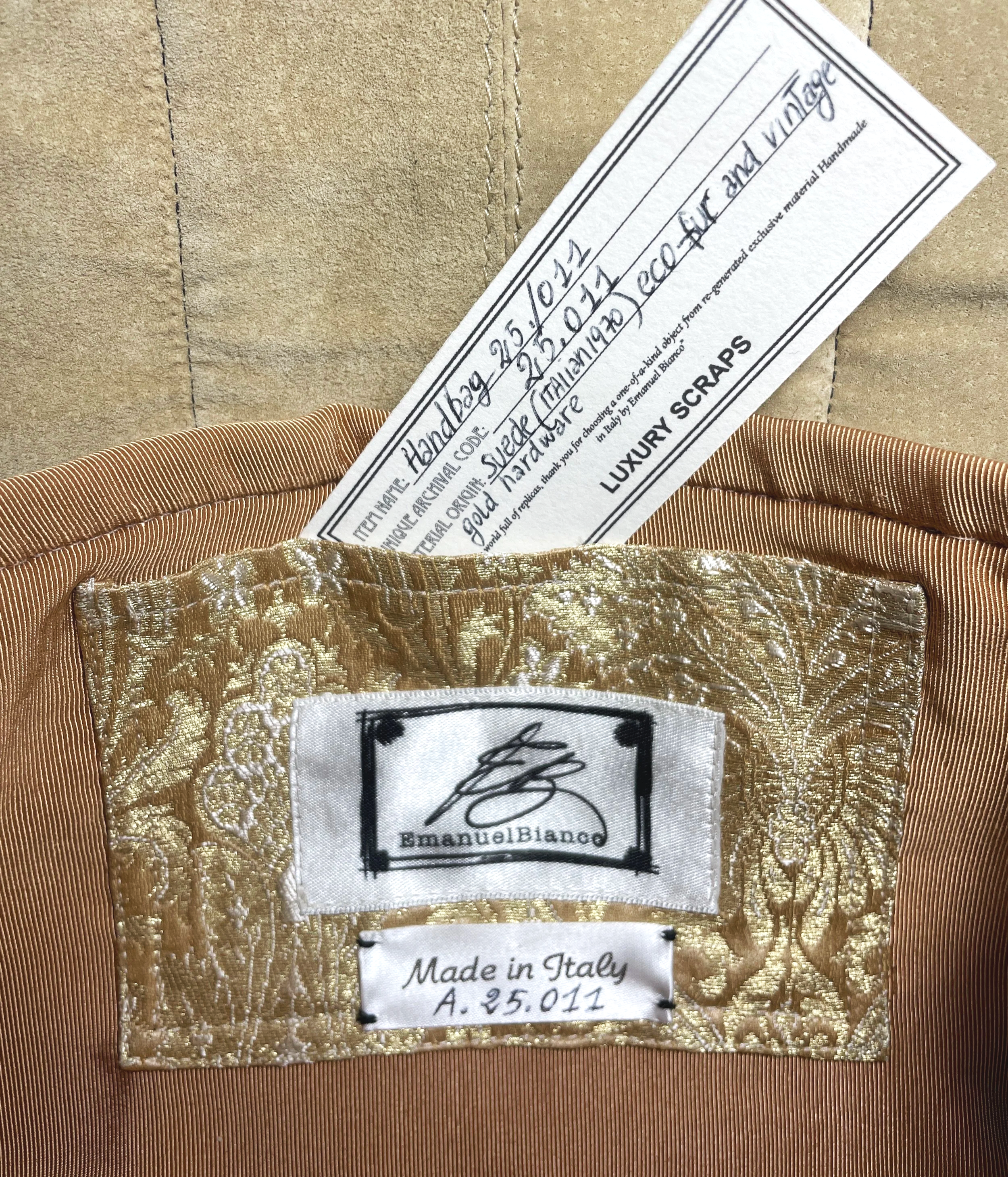 hand signed label of the designer Emanuel Bianco, the label of Made in italy and the unique archival code of the item to identify it and certify its provenance