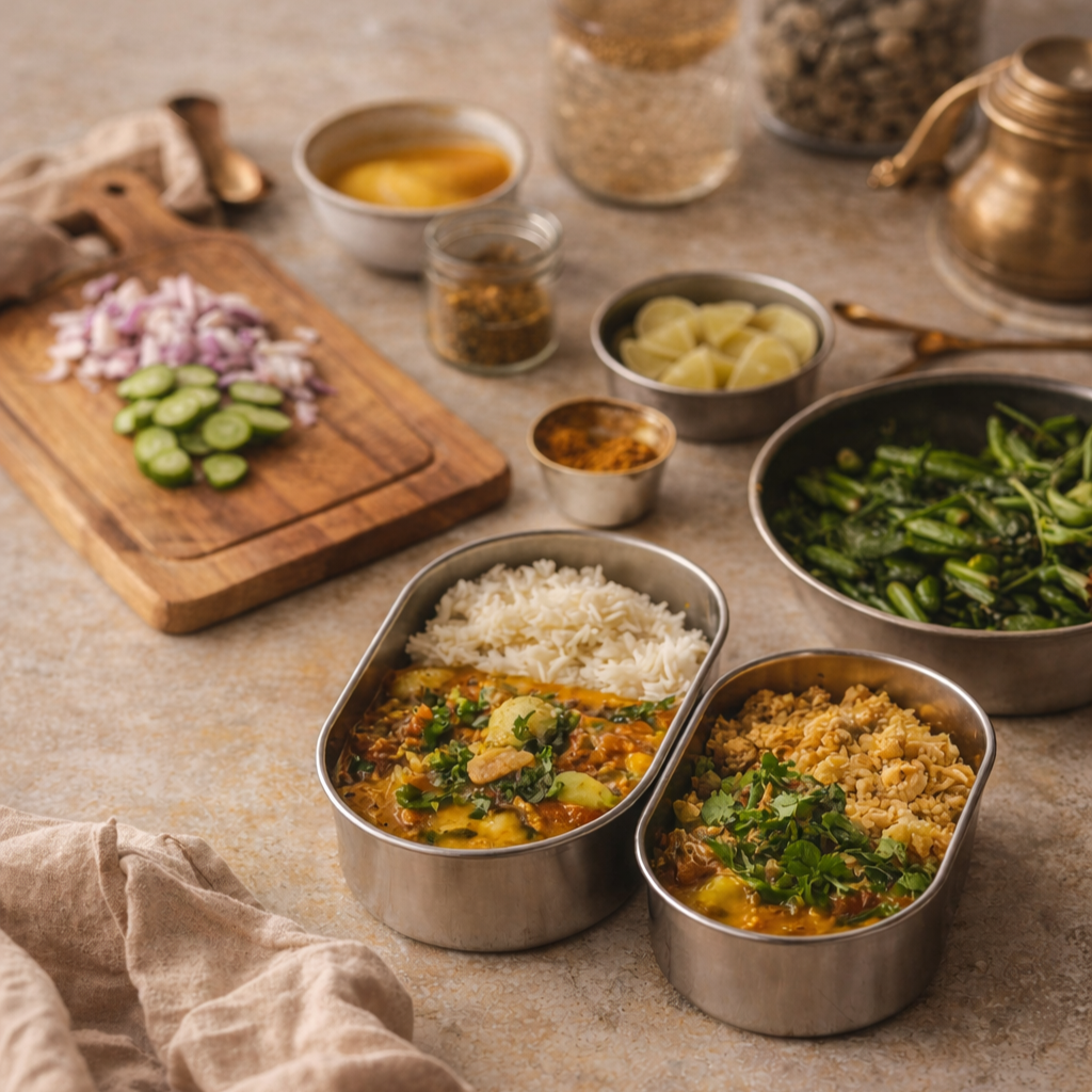Variety of Indian dishes and ingredients on a kitchen counter, including two stainless steel lunch boxes filled with curry, rice, and garnished with cilantro, along with chopped onions, sliced cucumbers, potatoes, spices, and grains.