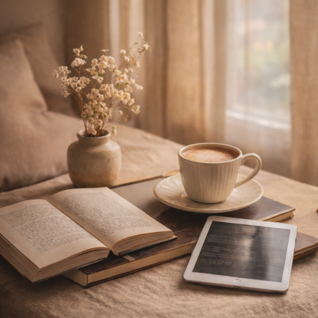 A cozy interior scene with an open book, a tablet, a cup of hot chocolate on a saucer, and a vase with dried flowers on a beige table near a window with curtains.