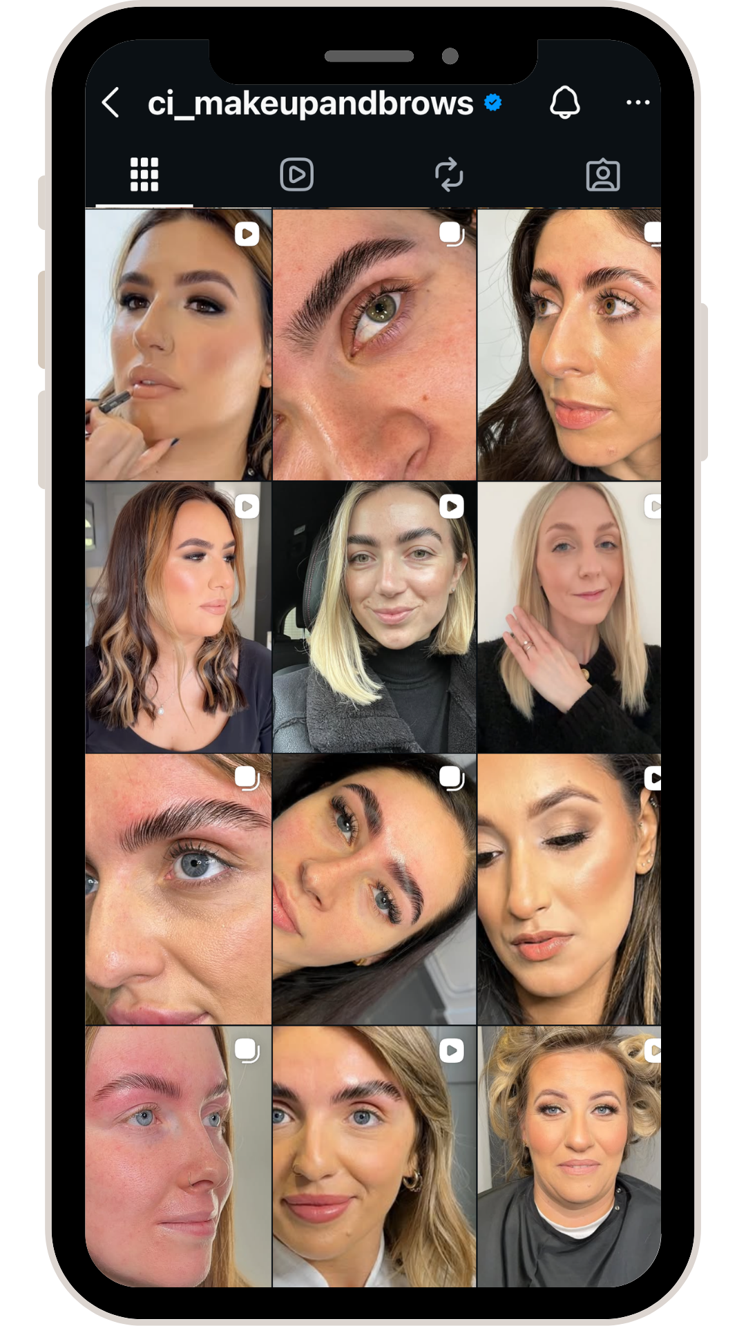 Screenshots of an Instagram profile featuring makeup and eyebrow transformations, displaying close-up and portrait images of women with various makeup looks and eyebrow styles.
