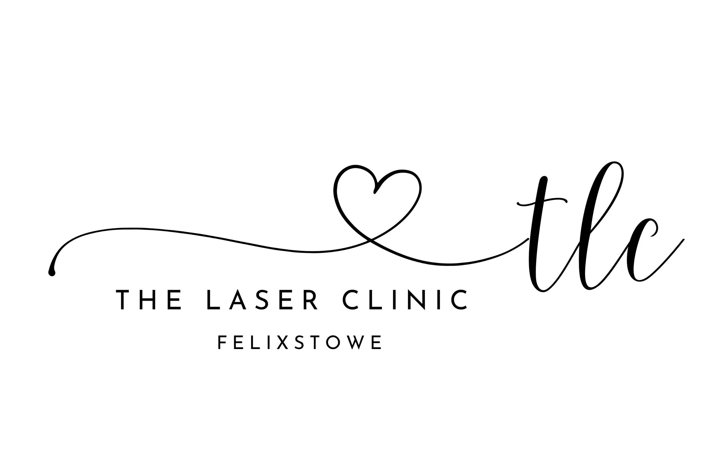 Logo for The Laser Clinic in Felixstowe featuring a black handwritten heart and elegant script initials 'tlc'. Below, black block text reads 'THE LASER CLINIC FELIXSTOWE' on a white background.