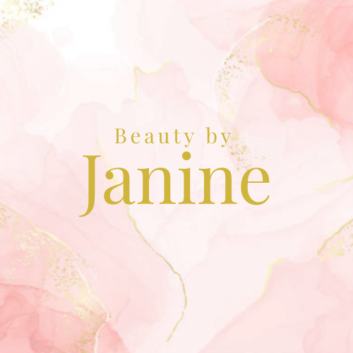 Pink floral background with gold accents and the text 'Beauty by Janine' in gold font.